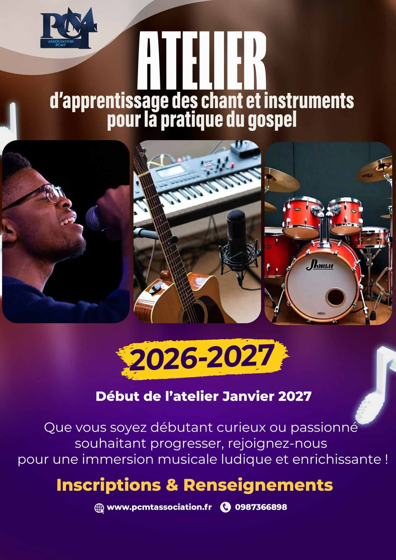 Affiche des ateliers d'apprentissage de chant et d'instruments PCMT, saison 2026-2027, début en janvier 2027